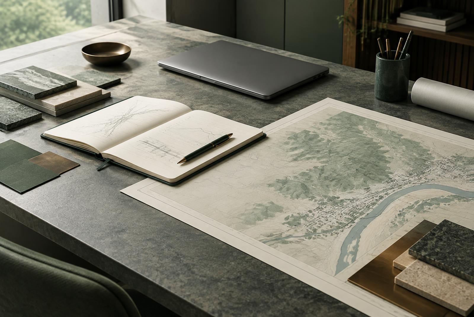 Planning documents, material samples and a laptop on a studio table