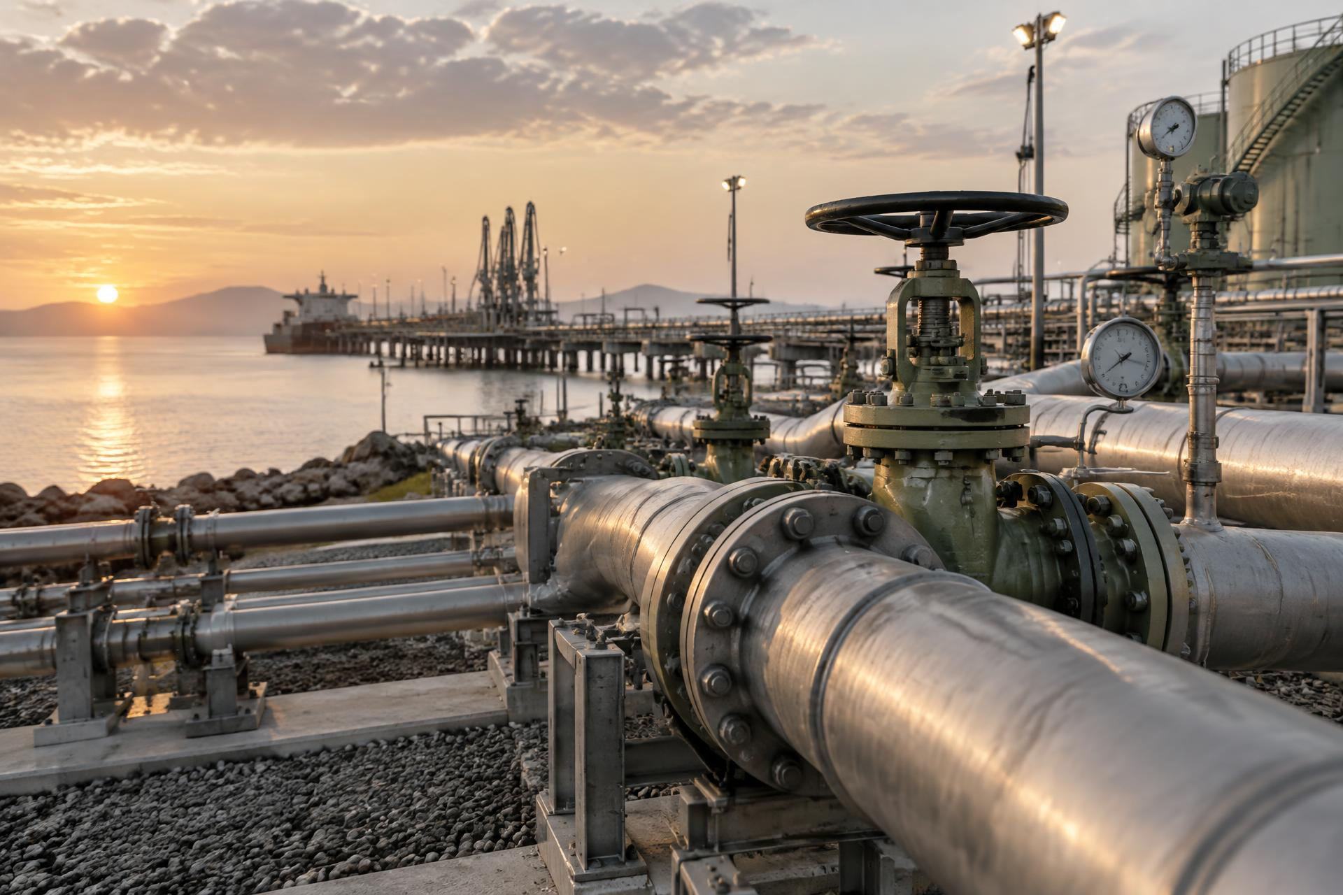 Pipeline valves and monitoring equipment at a coastal energy terminal