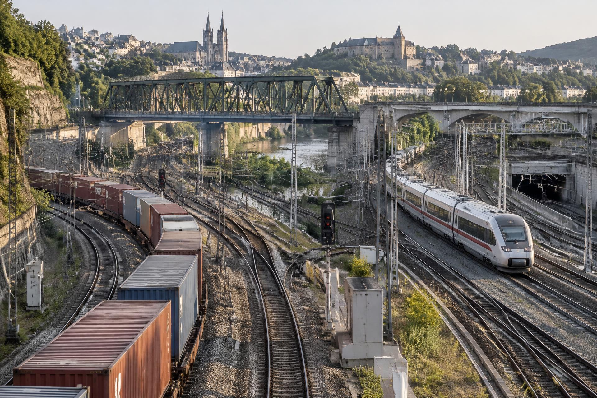 Passenger and freight rail lines meeting through an intermodal junction