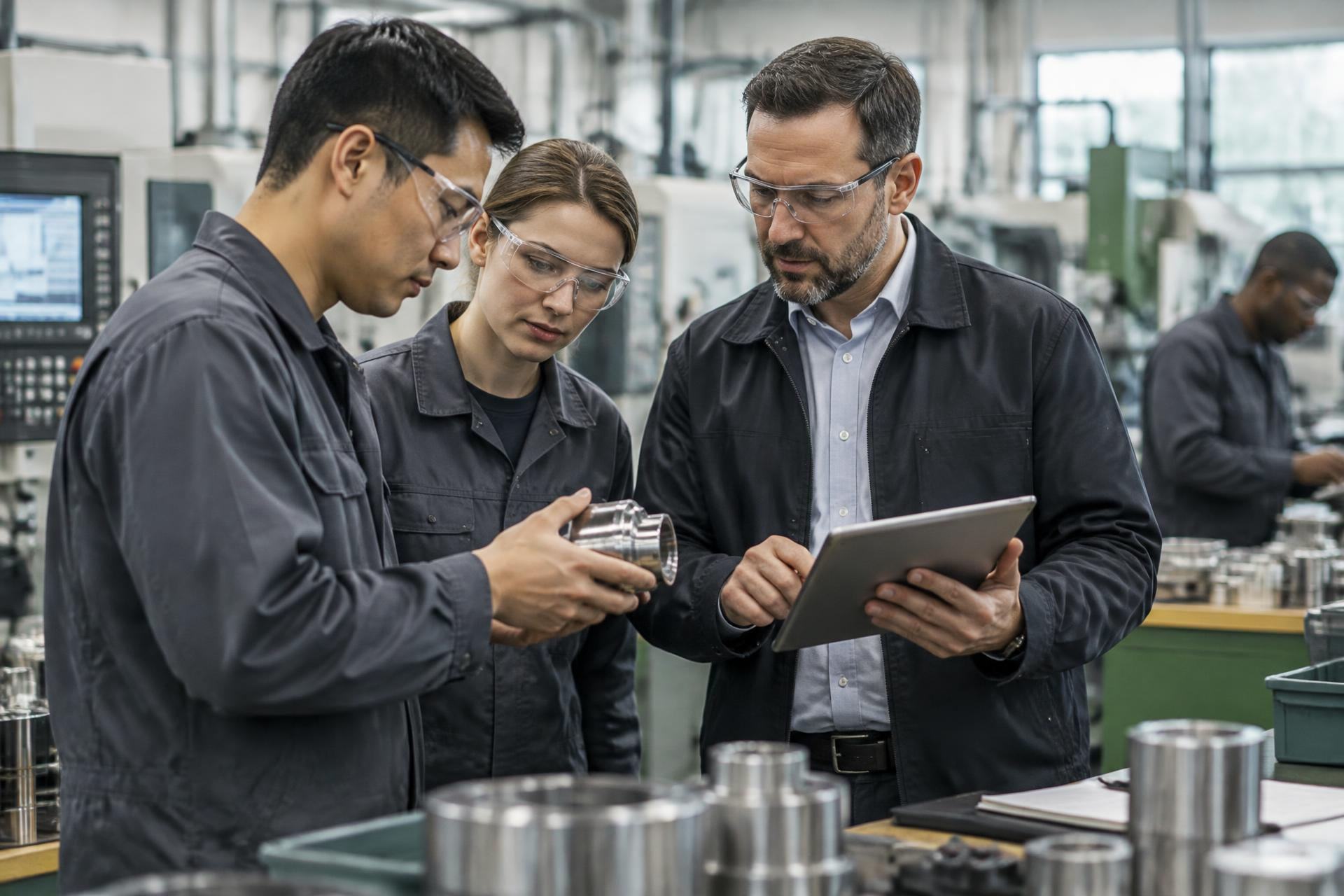 Manufacturing specialists reviewing a component and production information