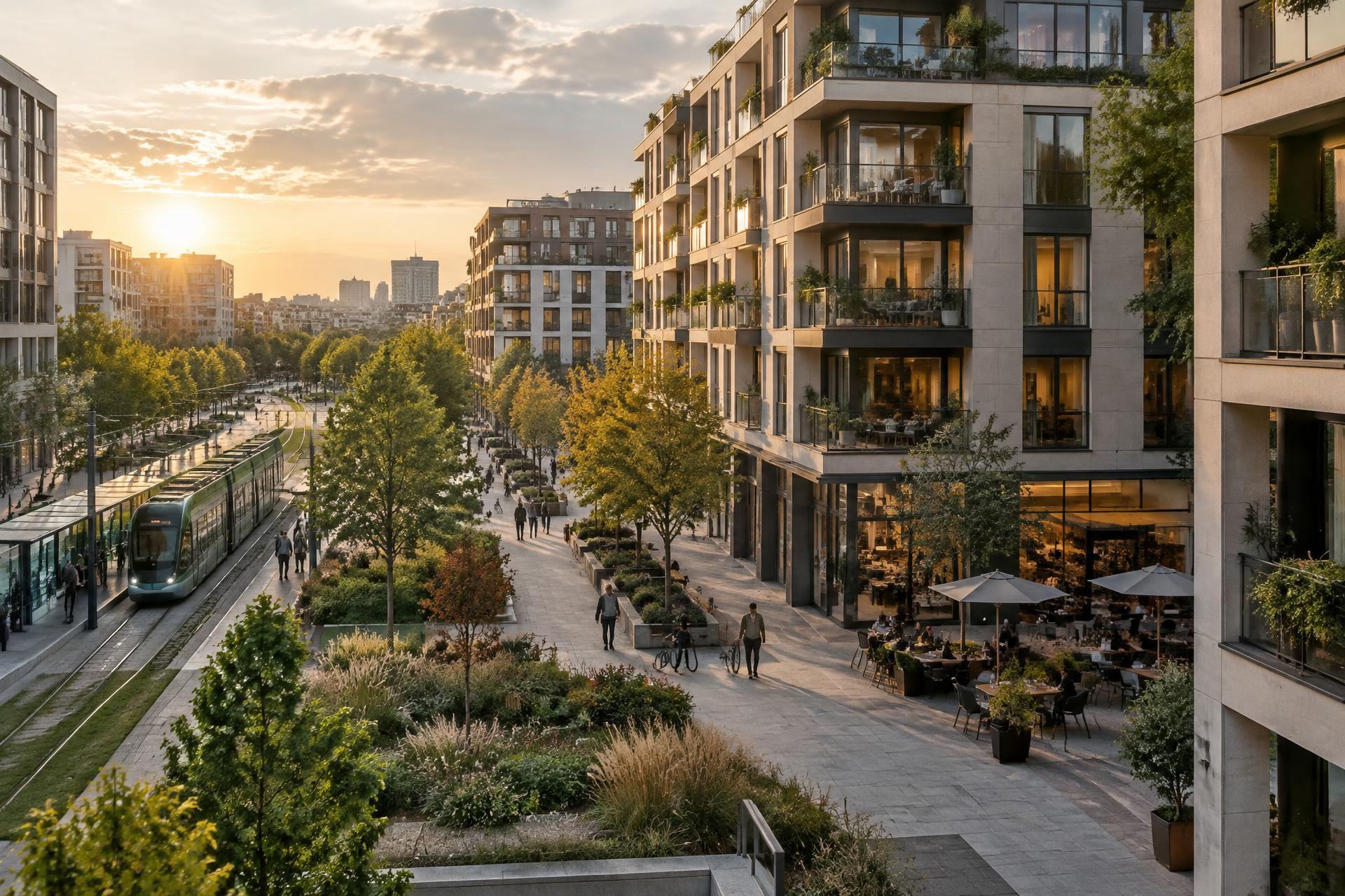 A mixed-use urban district connected by public transport and pedestrian routes