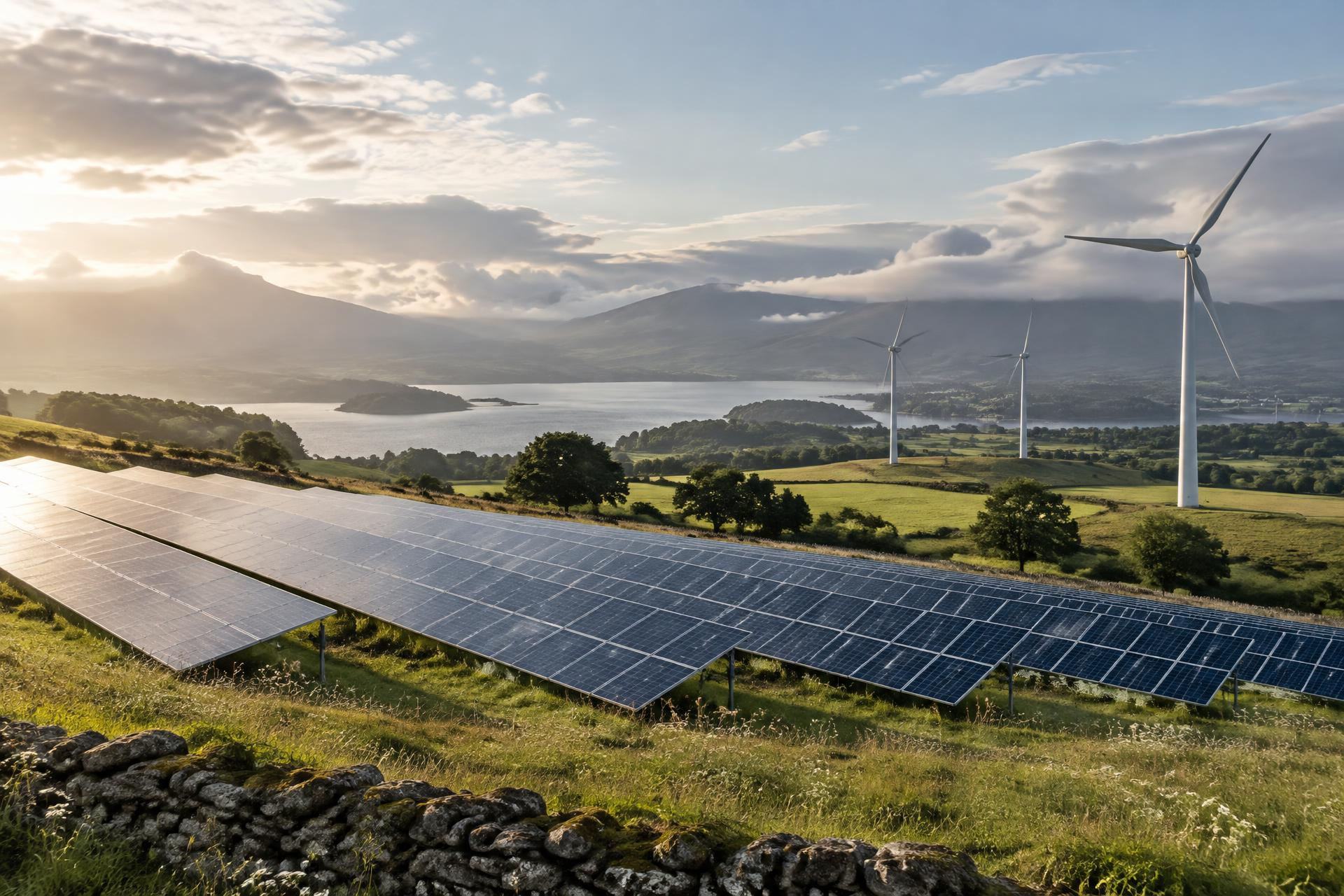 Solar arrays and wind turbines across a working rural landscape