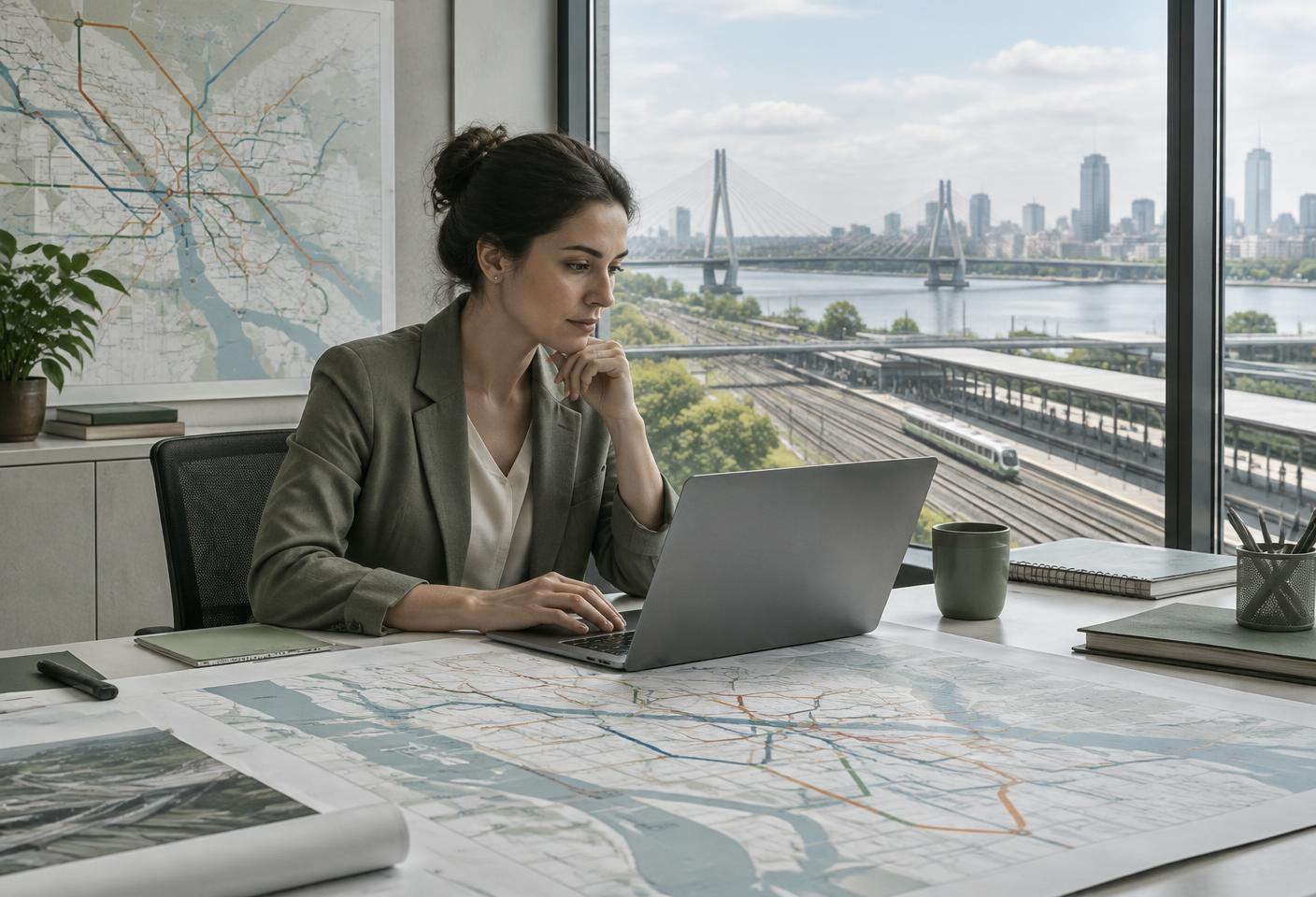 Transport planner at a laptop with a rail interchange beyond