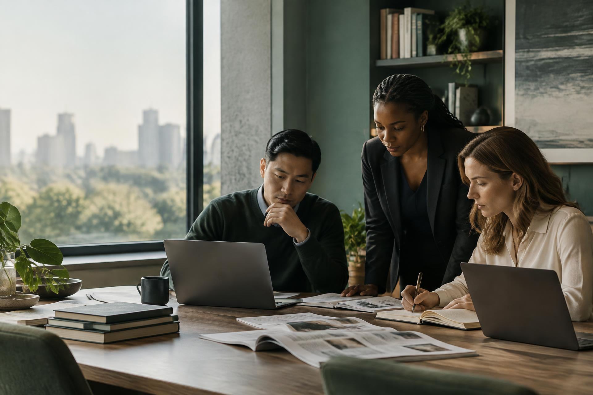Three research professionals comparing laptop work and printed reports