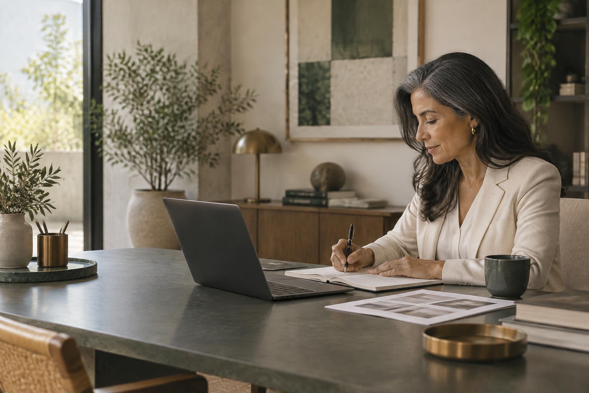 A senior professional writing beside an open laptop in a calm office