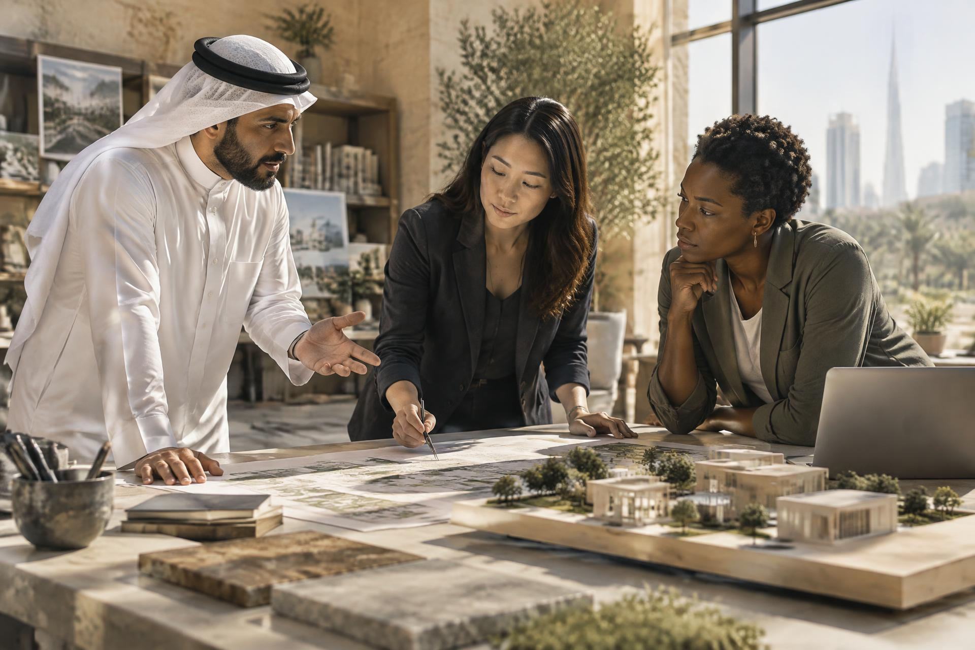 Three professionals reviewing a project plan and scale model