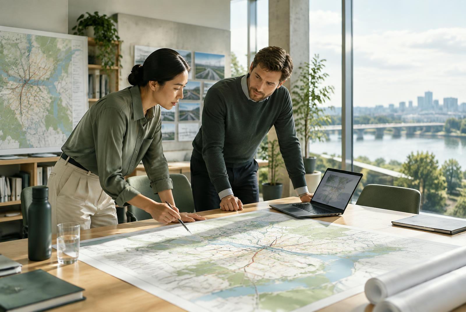 Infrastructure planners studying a transport map beside a laptop