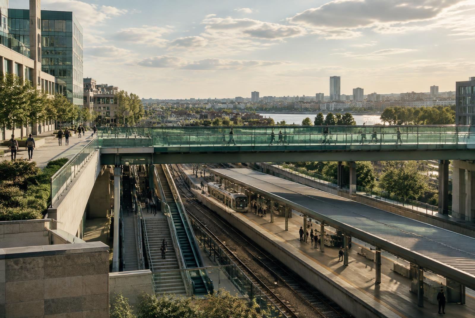Rail station and pedestrian bridge connecting an urban district