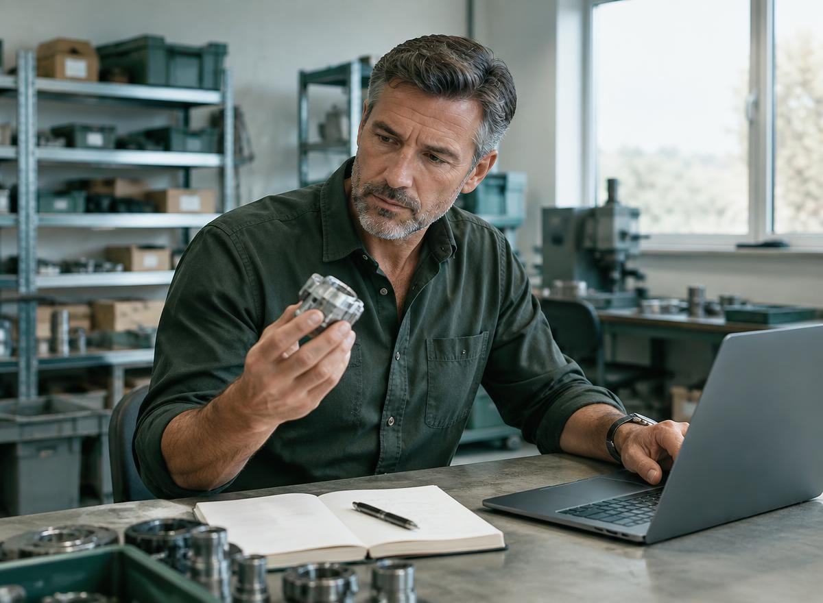 Business leader examining a manufactured component at a laptop