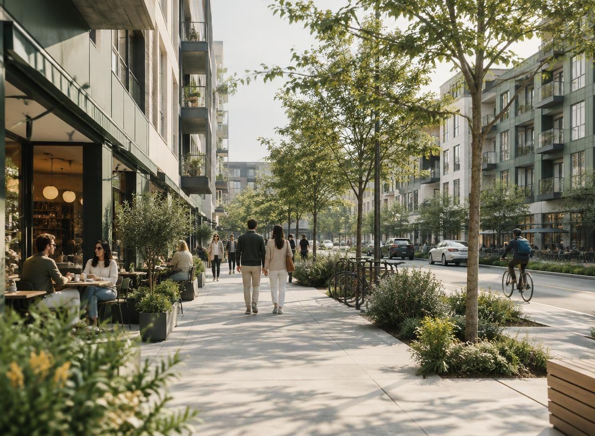 People walking and cycling through an active mixed-use street