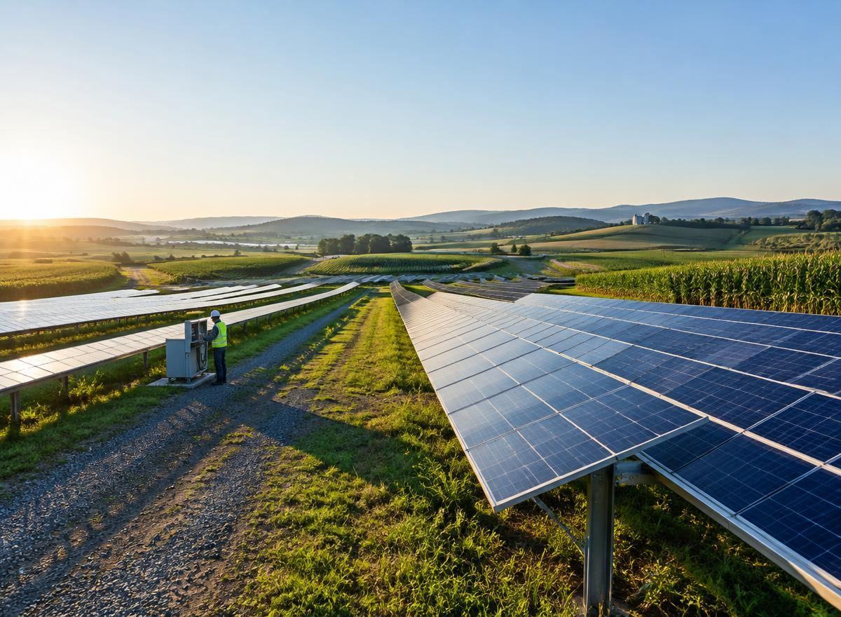 Solar arrays integrated into a rural landscape with a technician at work
