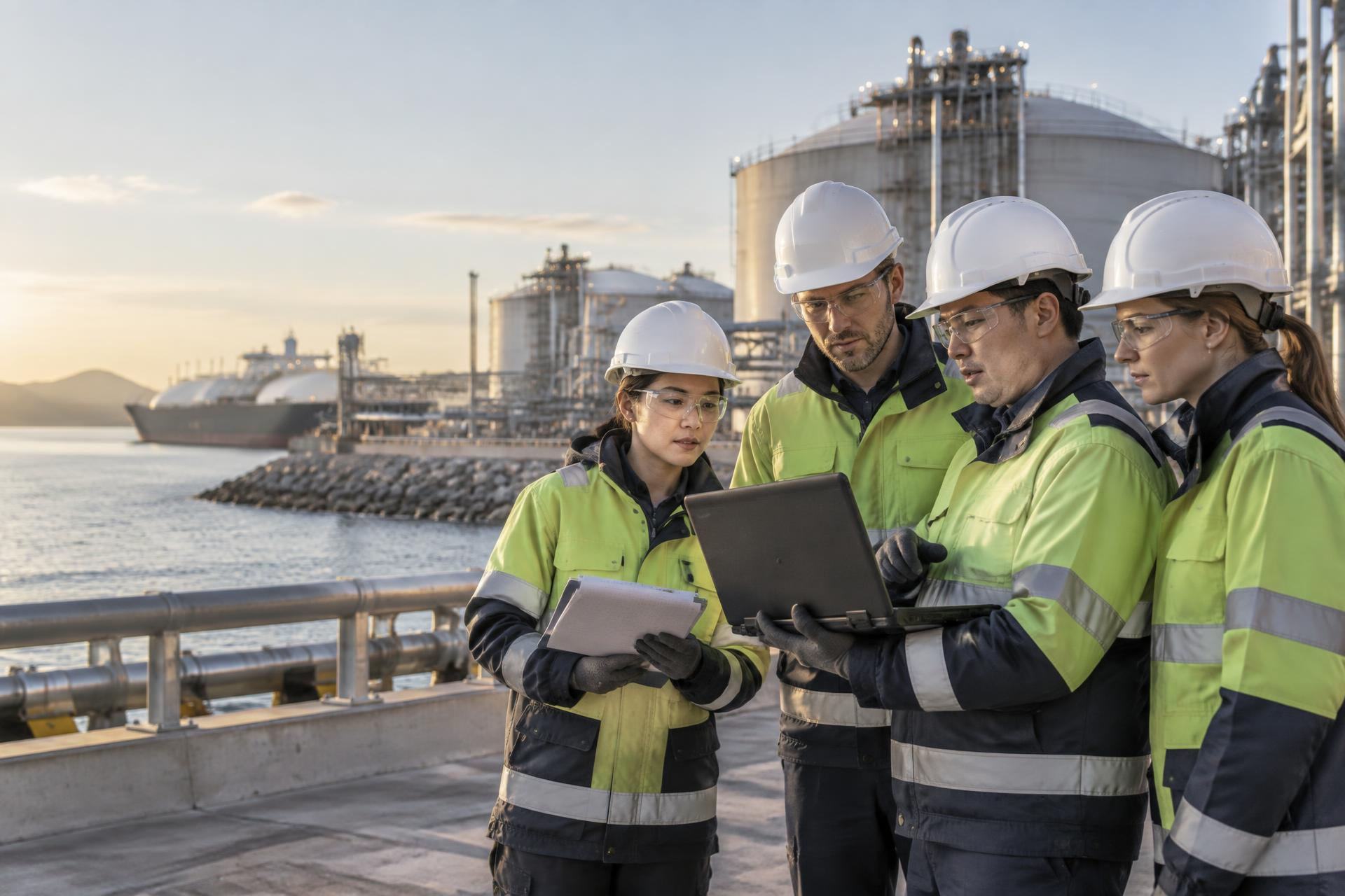 Two energy professionals reviewing technical work on a laptop