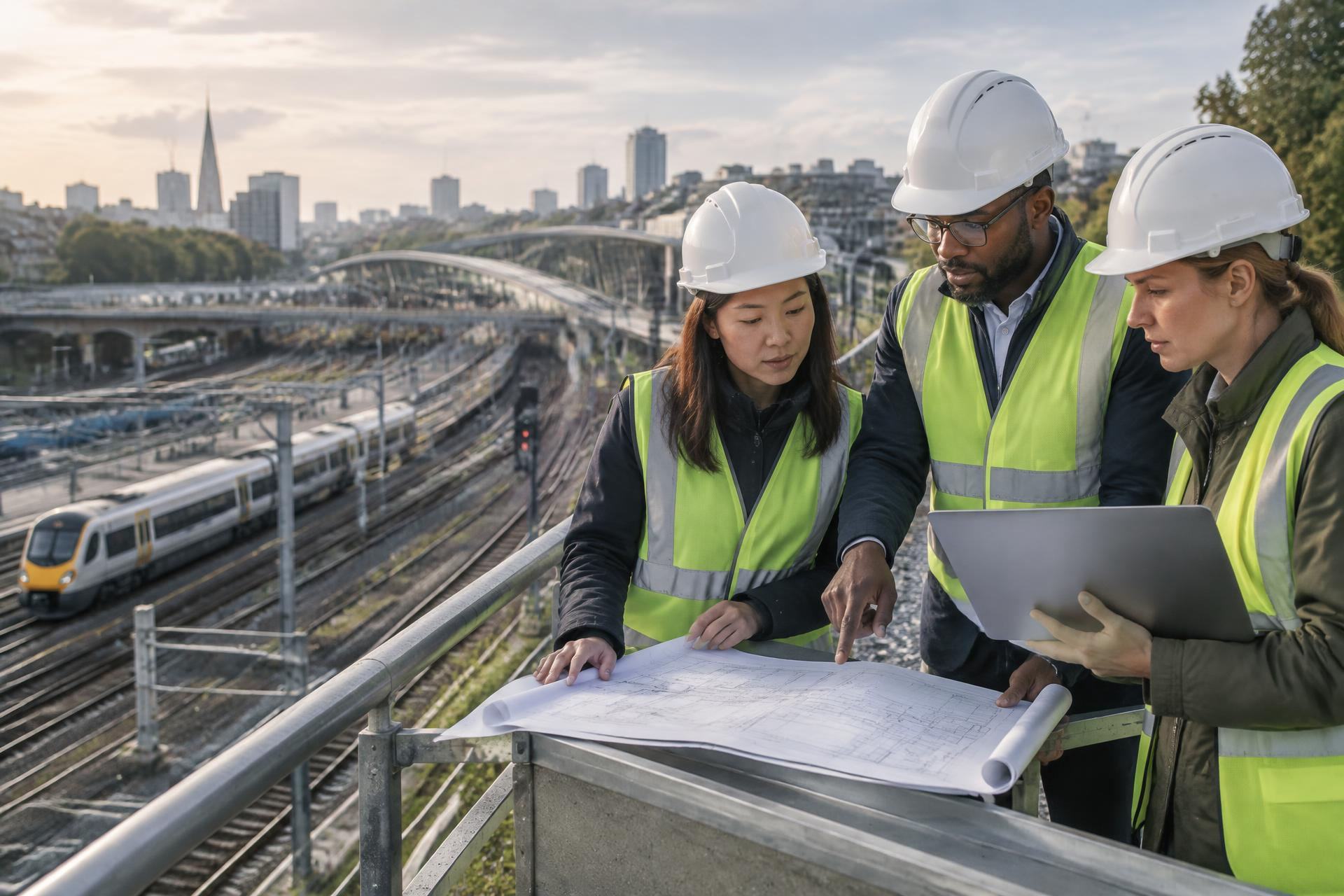 Infrastructure planners reviewing drawings beside a transport project