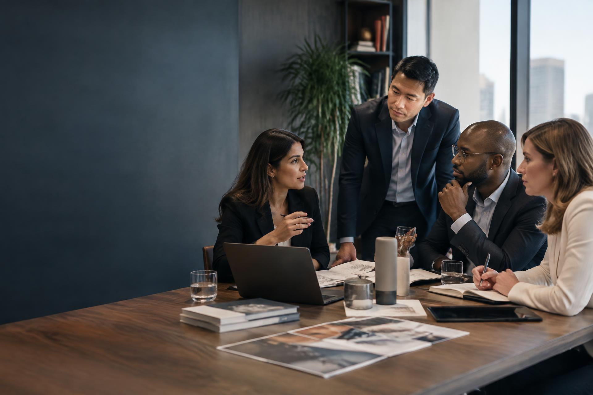 A leadership team in a focused working meeting