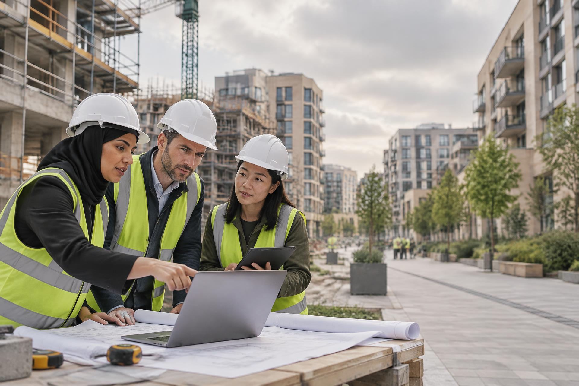 A development team reviewing plans and a laptop at a construction site