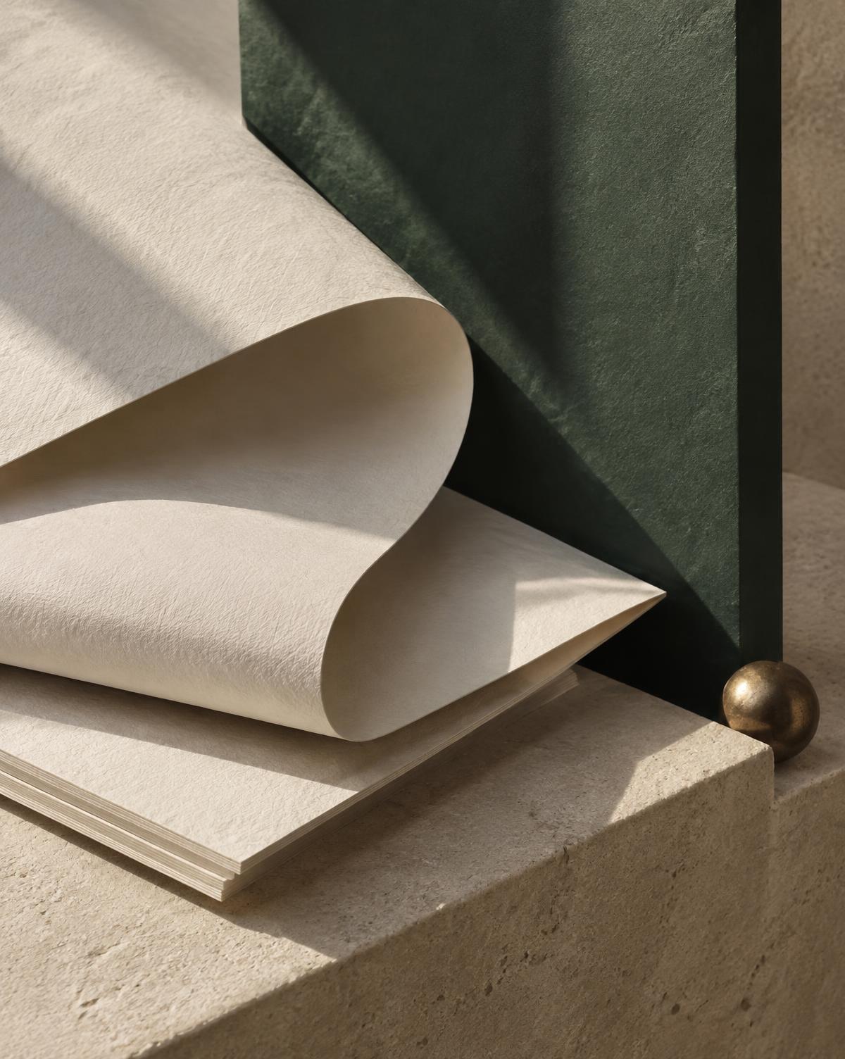 Folded paper and tactile natural materials in a restrained composition
